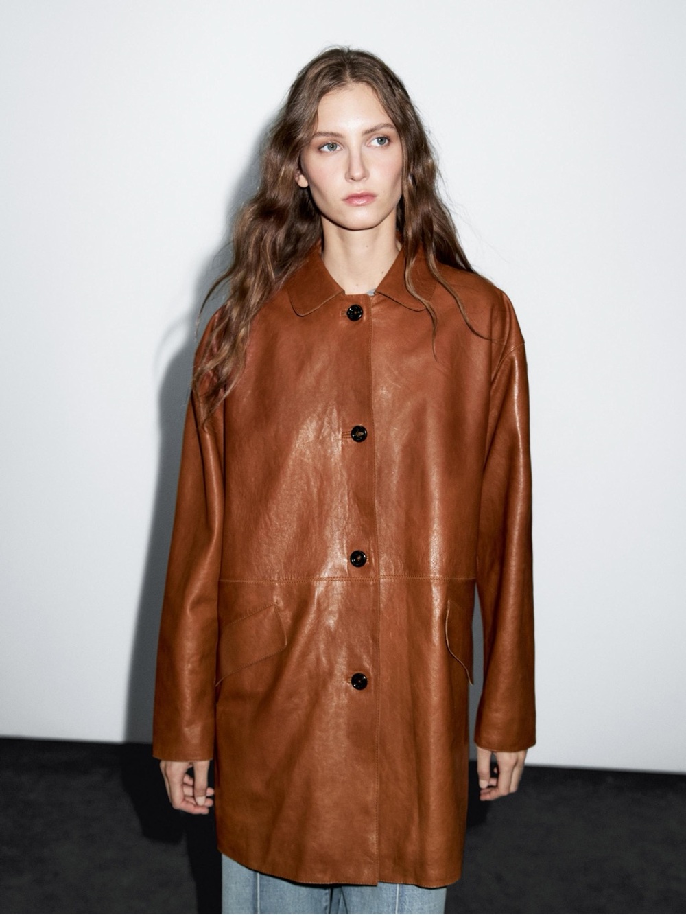 Massimo Dutti Brown Leather Button Coat Camel Brown Leather Caramel Long Jacket